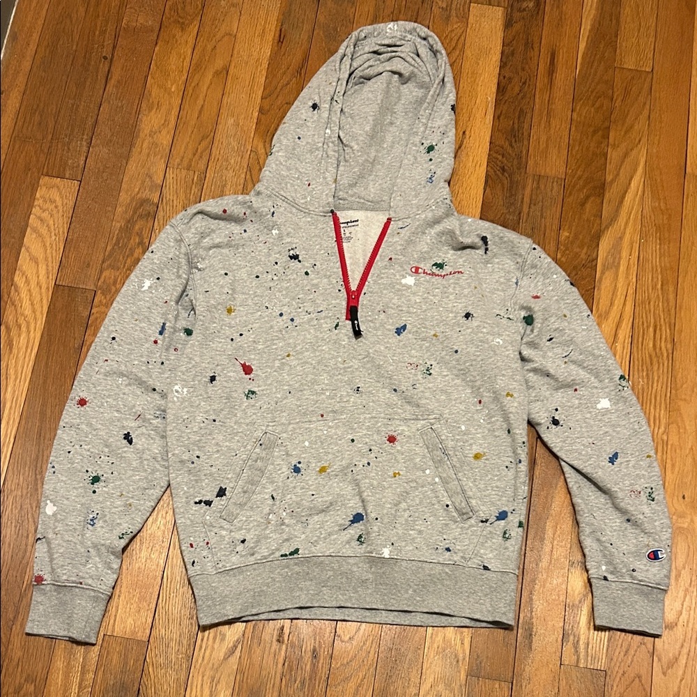 Champion Gray Hoodie with Colorful Splatter